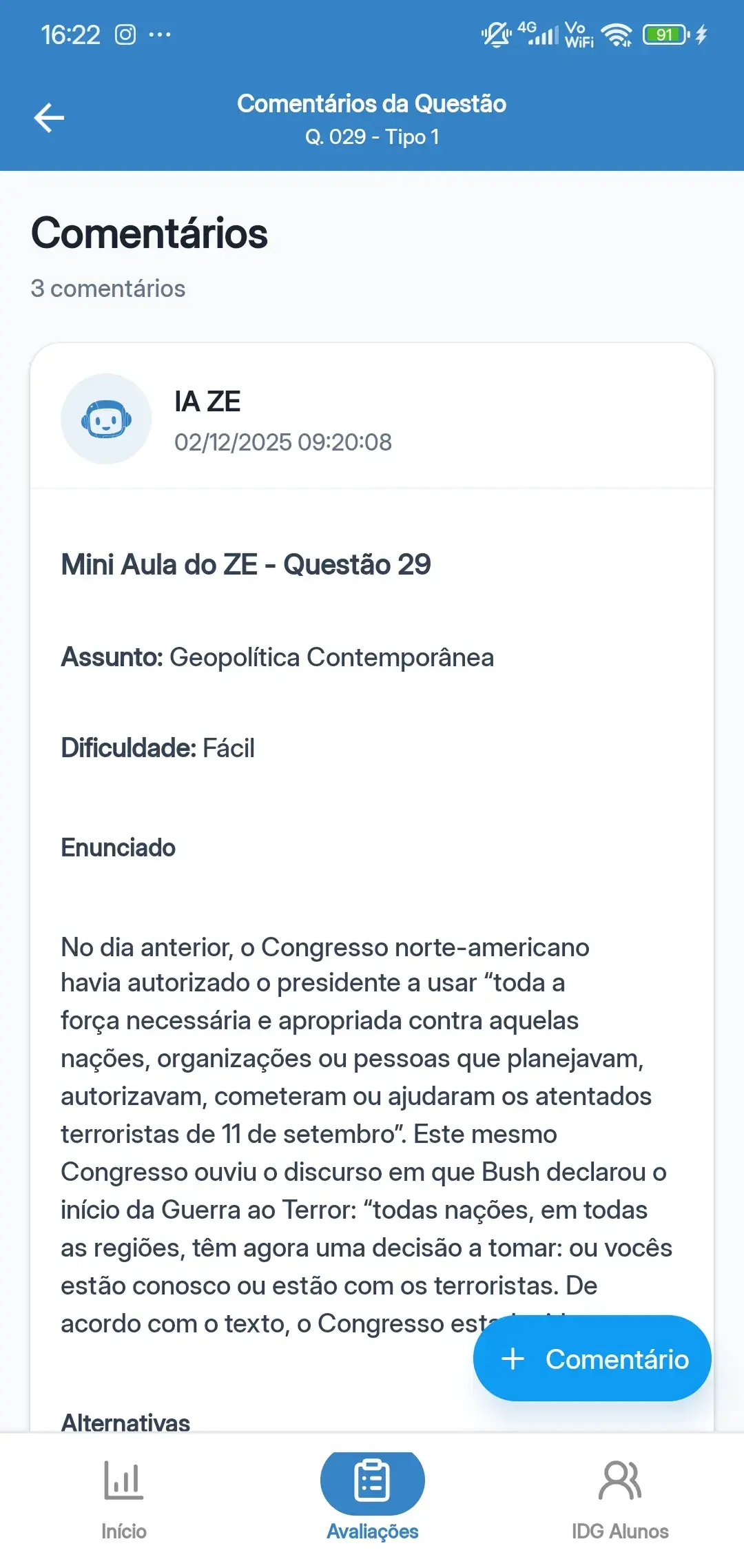 Mini-aula gerada por IA explicando o erro do aluno no Zoom Educa