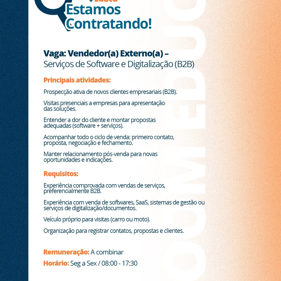 Post do Instagram - ⚠ Estamos contratando! Vaga: Vendedor(a) Externo(a) – Serviços de Software e Digitalização (B2B)