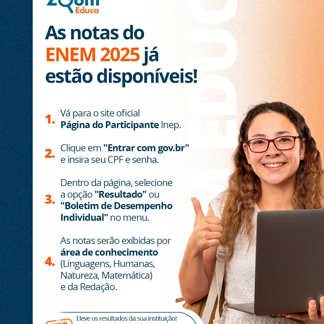 Post do Instagram - As notas do ENEM 2025 já estão disponíveis! ⚠️ Para escolas e instituições de ensino esse é o moment