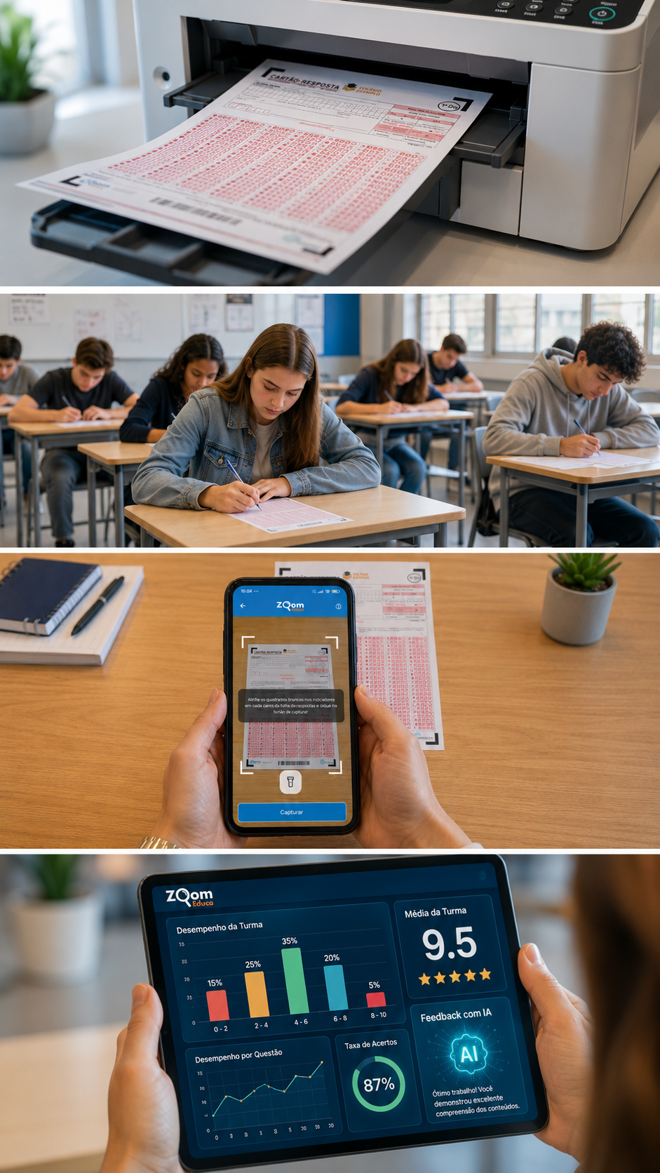 Infográfico ilustrando os 4 passos da gestão de avaliações: impressão de gabaritos, aplicação de provas, captura por smartphone e geração de resultados via Inteligência Artificial do Zoom Educa