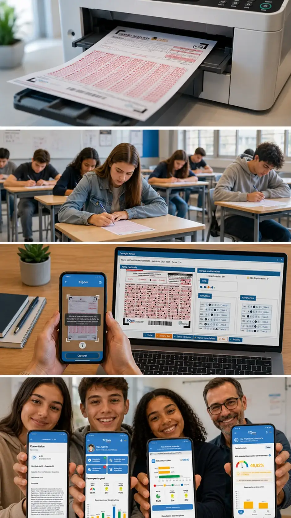 Infográfico ilustrando os 4 passos da gestão de avaliações: impressão de gabaritos, aplicação de provas, captura por smartphone e geração de resultados via Inteligência Artificial do Zoom Educa